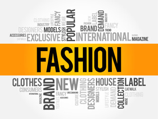 Fashion - prevailing style or trend in clothing, accessories, footwear, makeup, hairstyle or overall appearance that is popular, word cloud concept background