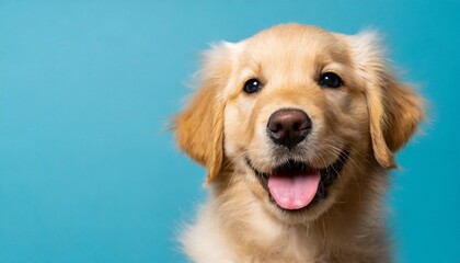 portrait of a happy goldne retriever dog puppy on a light blue background with space for text - obrazy, fototapety, plakaty