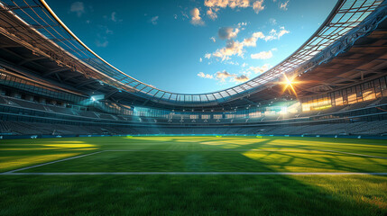 soccer stadium illuminated by the sun - obrazy, fototapety, plakaty