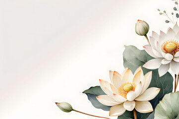 Watercolor floral illustration with pastel flowers and lotus leaves. The background is made in a floral style. Copy space, place for the text