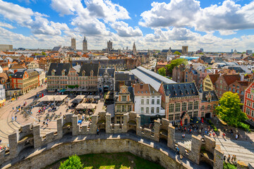View from the top of the medieval Gravensteen Castle overlooking the medieval old town and St....
