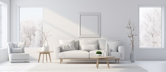 A minimalist living room featuring a white couch positioned between two windows. The room is designed in a Scandinavian style, with clean lines and a neutral color palette.