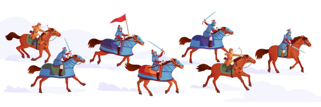 Horse cavalry. History horses warriors battle scene, ancient army royal horseguard, war china warrior hun or mongol cavalier medieval soldiers attack, ingenious vector illustration