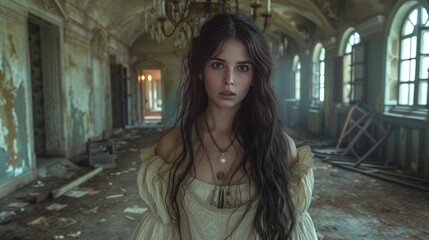 Fototapeta premium Mysterious Woman in Abandoned Mansion Hallway