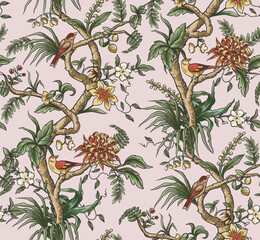 Seamless chinoiserie pattern with branches, flowers and birds. Vector. - 755112693