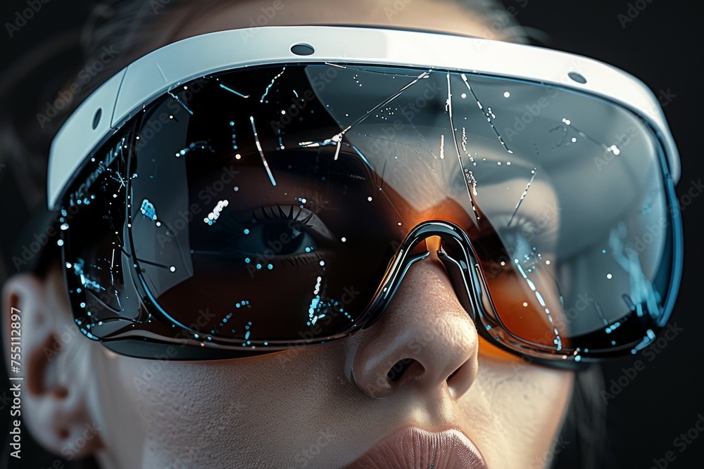 Poster broken virtual reality glasses with cracks. background with selective focus and copy space