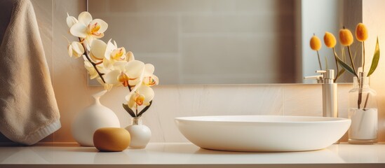 A white bowl is placed on the counter next to a sink in a fragment of a bathroom washroom. The sink and vase serve as decorative elements in the interior design.