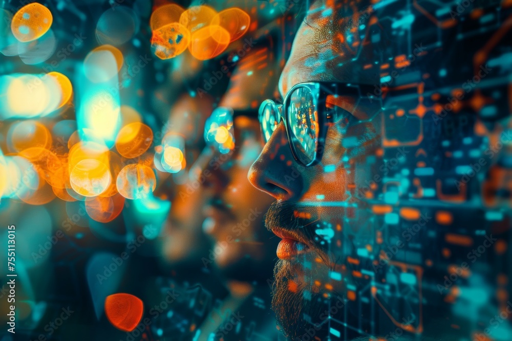 Poster a man with glasses is looking at a computer screen with a blurry background