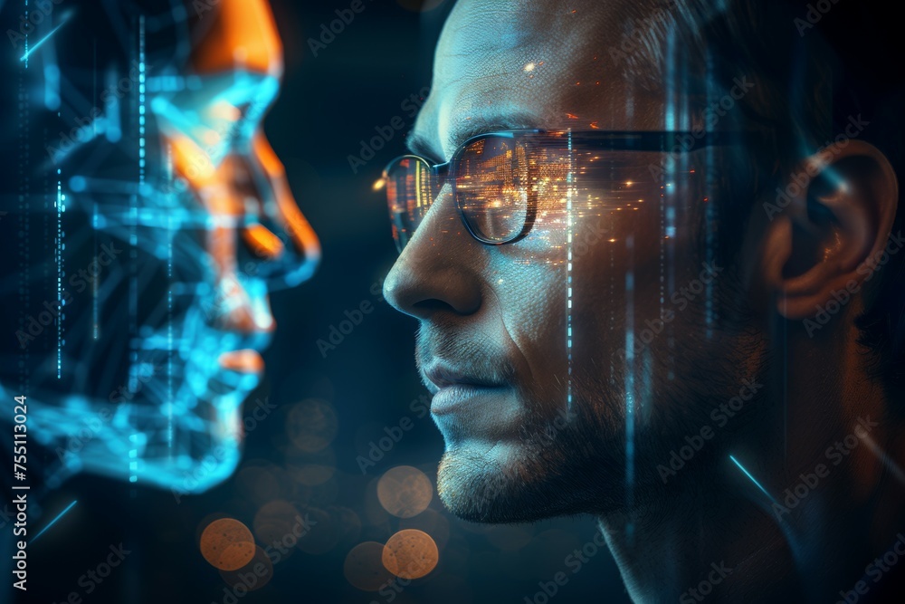 Poster a man with glasses looking at a computer screen with a face on it