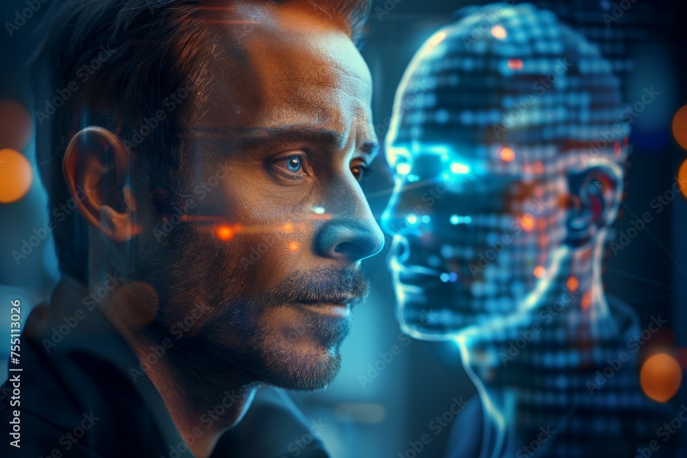 Aufkleber a man is looking at a computer screen with a face on it