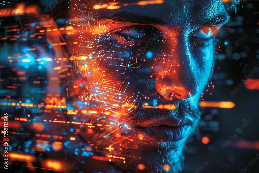 Aufkleber a man's face is shown in a computer generated image with a lot of bright colors