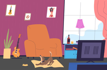 Bachelor room. Young man comfortable interior, cozy chair indoor alone teen guy and pet dog living apartment leisure resting home work, playing guitar watch tv vector illustration