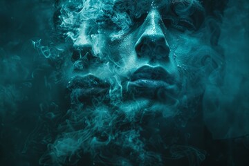 A man's face is shown in a blue background with smoke - obrazy, fototapety, plakaty