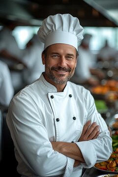 a smiling cheff with cheff hat in five star hotel 