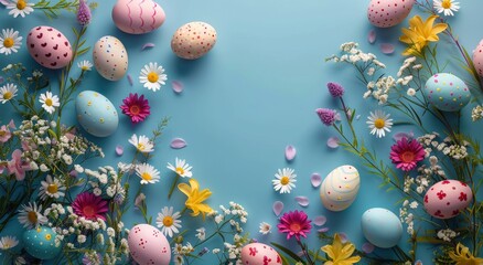 Obraz na płótnie Canvas Group of Decorated Eggs on Blue Surface