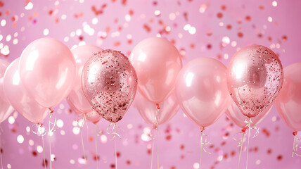 A lively arrangement of pink balloons with golden glitter details, perfect for joyous celebrations and parties