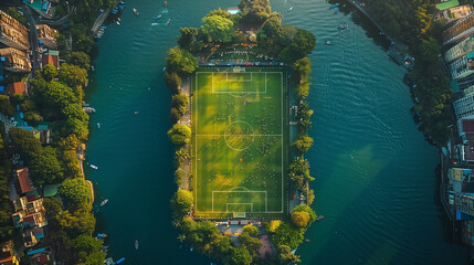 football stadium / soccer field on the island seen from a bird's eye view