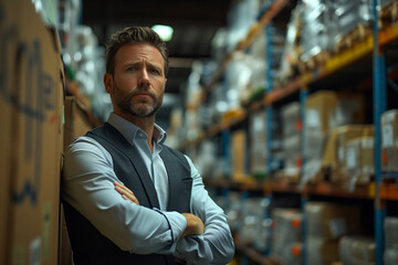 Male business professional with arms crossed standing at warehouse