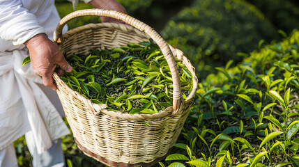 A human wearing white clothes, holding a bamboo basket with tea leaves in the garden