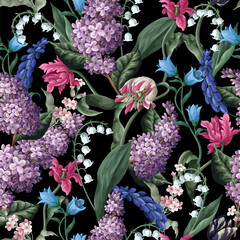 Seamless pattern with tulips, lilacs anf other spring flowers. Vector. - 755113490
