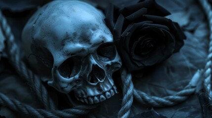 a white skull near a black rose, surrounded by ropes, surrounded by darkness
