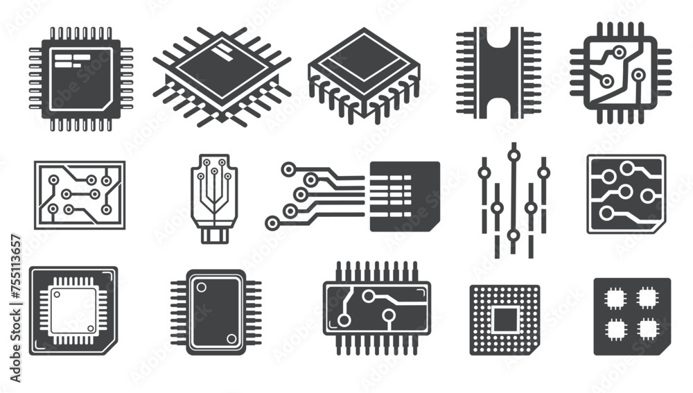 Poster cpu chips cartoon icons. micro processor electronic microchip logo, cpu gpu quantum chip for circuit