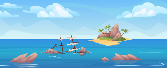 Uninhabited island. Empty desert islands tropical coast panoramic cartoon landscape, alone in caribbean sea after shipwreck robinson concept