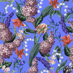 Seamless pattern with tulips, lilacs anf other spring flowers. Vector. - 755113624
