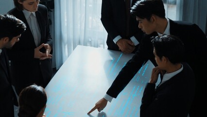 Top view of professional business team share idea about coding prompt or programing engineering...