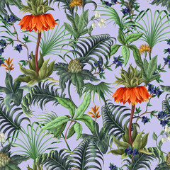 Seamless pattern with tropical flowers, leaves and buds. Vector. - 755113836