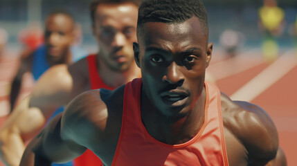 AI Generated Image. Front view on the male ethnic athlete running in stadium in international sport event