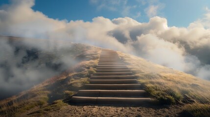 a beautiful straight stairway with big heightened steps going to the top of the hill and hill top hidden in clouds, stairway to heaven - Powered by Adobe