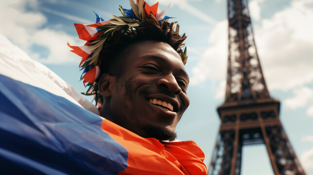 AI Generated Image. Happy ethnic athlete in Paris wearing laurel wreath and wrapped in French flag