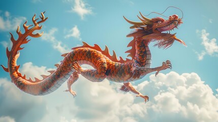 Naklejka premium a Chinese dragon loong flying in the sky proudly, dragon on the sky, chinese dragon statue