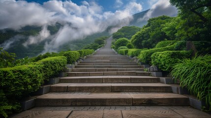 Fototapeta na wymiar a beautiful straight stairway with big heightened steps going to the top of the hill and hill top hidden in clouds, stairway to heaven