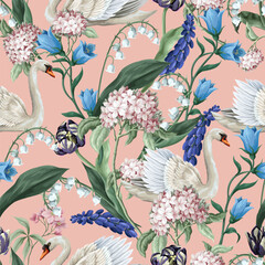 Seamless sensitive pattern with swan and flowers. Vector. - 755114057
