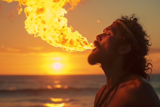 AI Generated Image. Ethnic fire breather blowing big flame next to the ocean