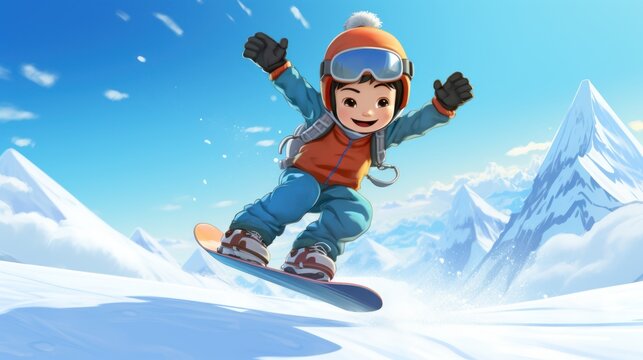 A cartoon character is snowboarding down a mountain. They are wearing a red hat and orange coat with blue snow pants. The background features a blue sky with white clouds and snow-capped mountains.