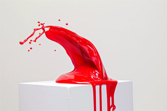 AI Generated Image. Red liquid shape splashing on a white cube