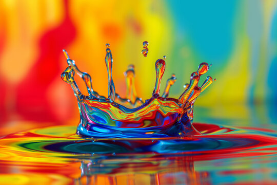AI Generated Image. Macro image of the multicolor oil paint drop in a crown shape