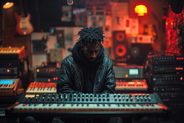 A black music creator focuses intently on a mixing board amidst a warmly lit recording studio filled with vintage and modern gear. Generative AI