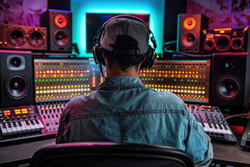 Focused audio producer working on a mixing console with colorful LED indicators in a vibrant music studio environment. Generative AI