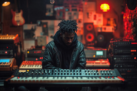 A black music creator focuses intently on a mixing board amidst a warmly lit recording studio filled with vintage and modern gear. Generative AI
