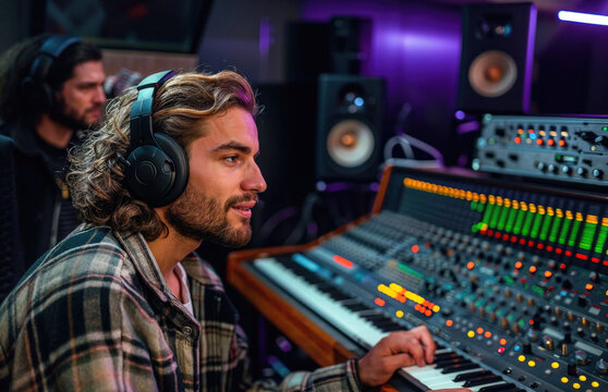 Focused music producer with headphones attentively adjusts a mixing console in a dimly lit studio with vibrant sound equipment. Generative AI