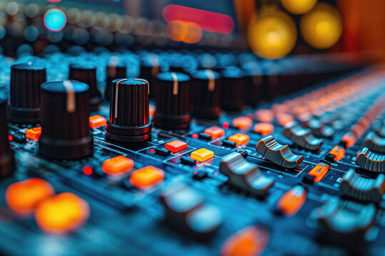 Macro shot of an audio mixing console with intricate knobs and faders, highlighted by a warm bokeh effect. Generative AI