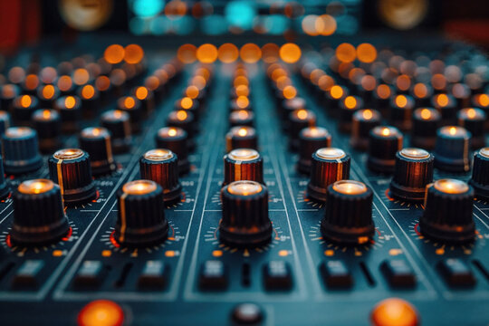 Closeup of a professional sound mixer's myriad knobs and faders glowing with orange light, essential for audio engineering. Generative AI