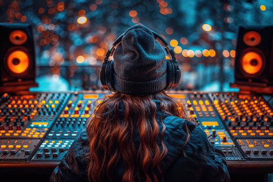 Anonymous music producer with headphones is tuning tracks on a professional mixing console in a studio, illuminated by ambient lights. Generative AI