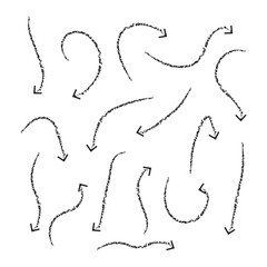 Arrows set, hand drawn doodle direction twist indicators, pointers and scroll elements. Collection of swirly various dynamics shapes. Isolated on white background. Vector illustration eps 10.