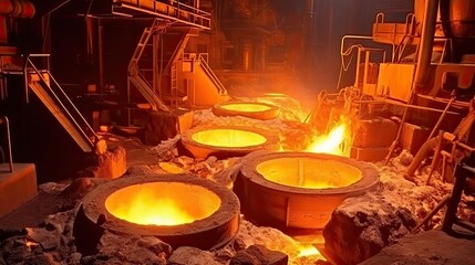 Blast furnace slag and pig iron tapping. Molten metal and slag are poured into a ladle