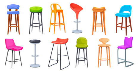 Bar stools. Tall stool, standing high seat for bar club or office store, modern vintage wooden chairs restaurant bistro kitchen studio furniture, cartoon neat vector illustration - obrazy, fototapety, plakaty